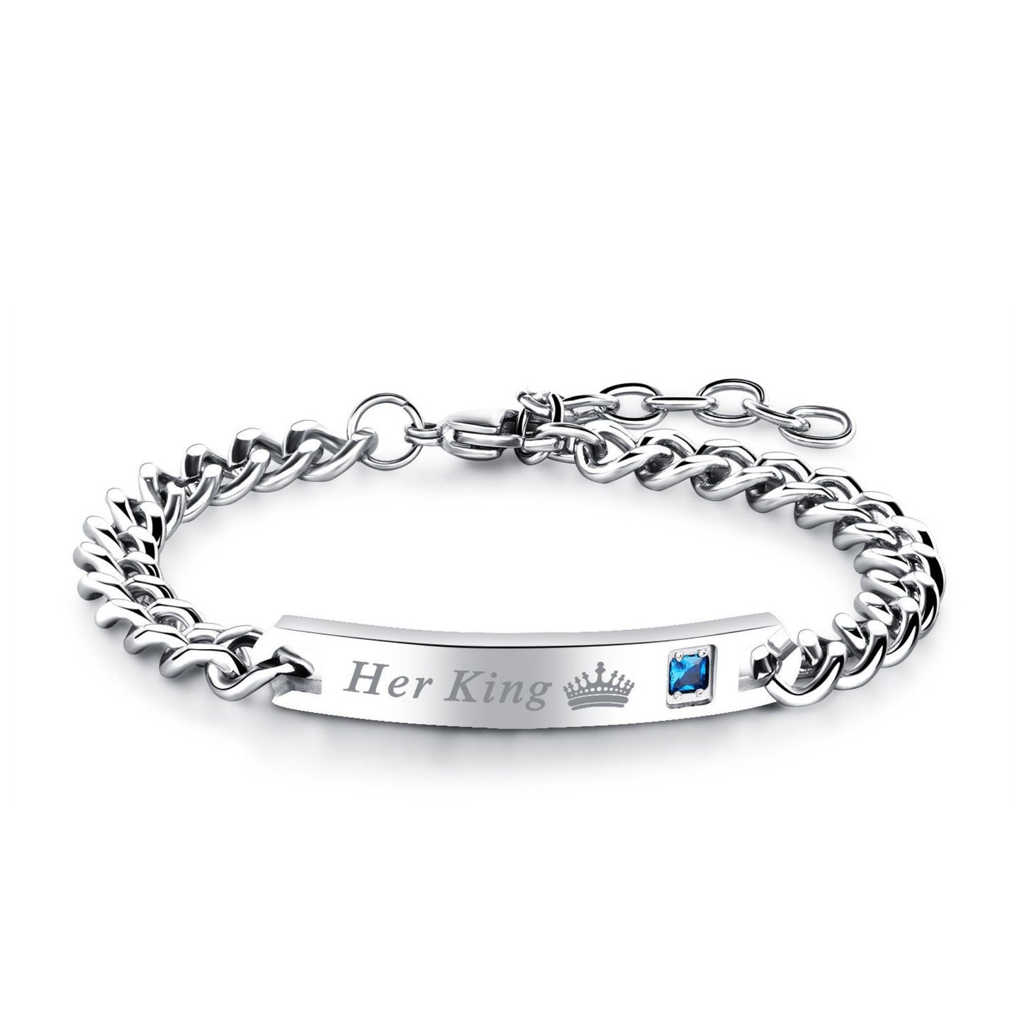 HisQueenorHerKingBraceletforWomenbyGingerLyneStainlessSteelIDStylePinkCZAdjustableto7.5"_Silver-2