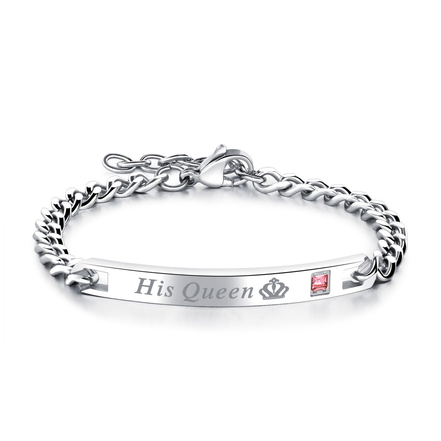 HisQueenorHerKingBraceletforWomenbyGingerLyneStainlessSteelIDStylePinkCZAdjustableto7.5"_Silver-1