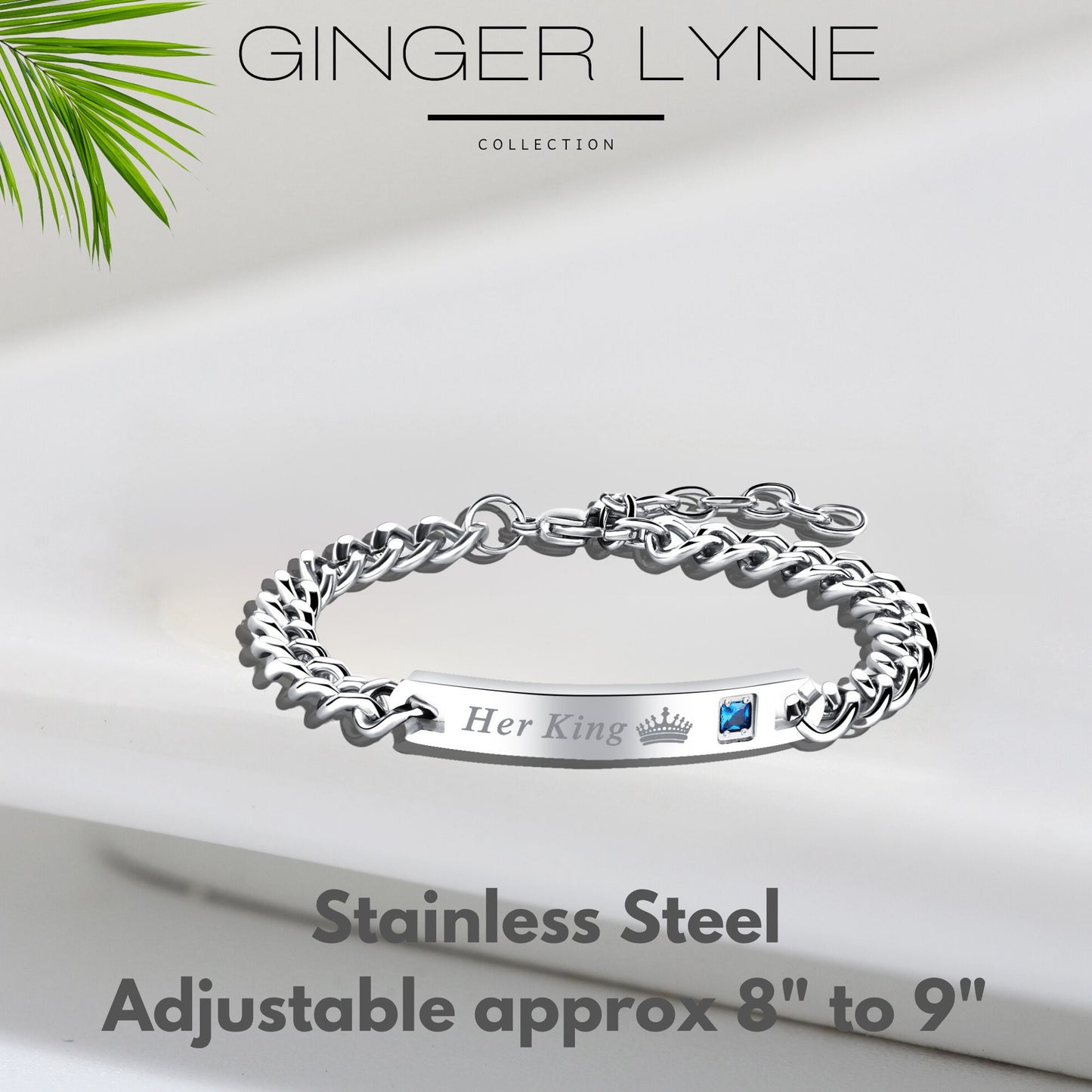 HisQueenorHerKingBraceletforWomenbyGingerLyneStainlessSteelIDStylePinkCZAdjustableto7.5"_Mens-2