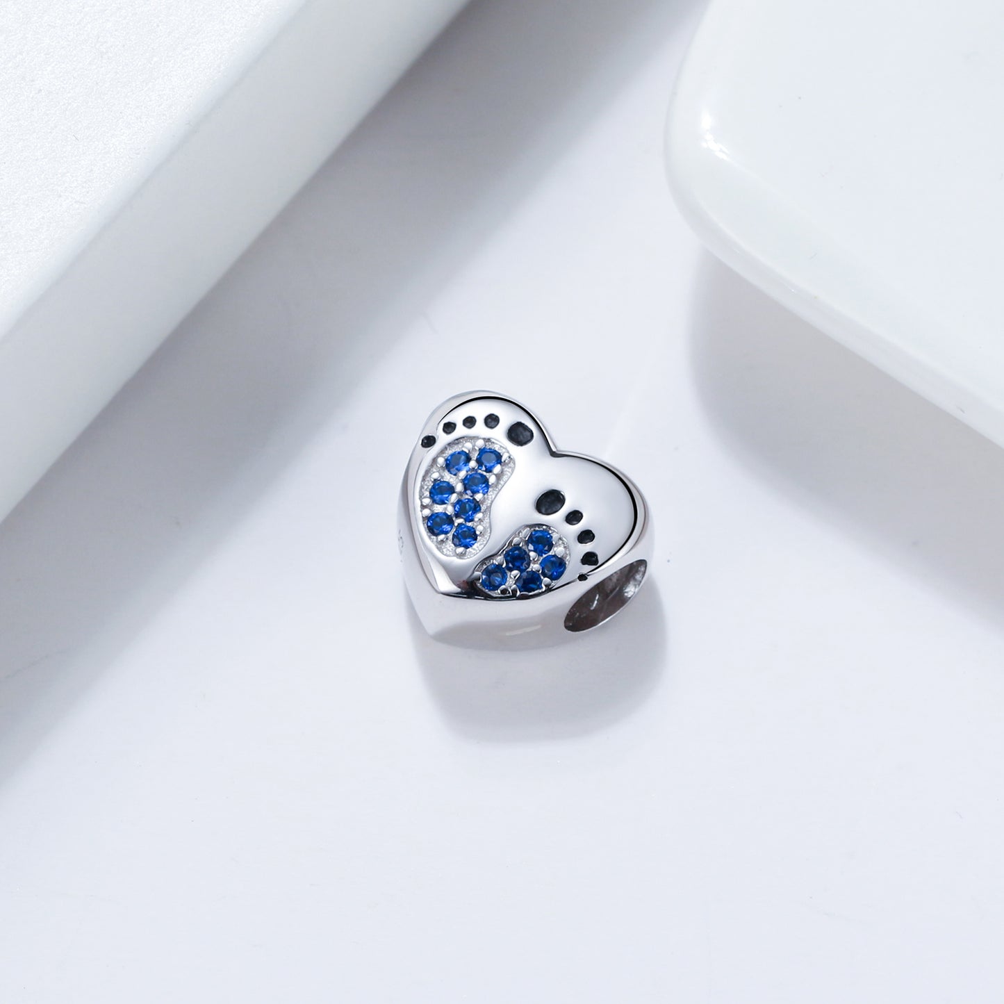 BabyFootprintsHeartCharmforWomenEuropeanBeadCZSterlingSilverGingerLyneCollection_Blue-2