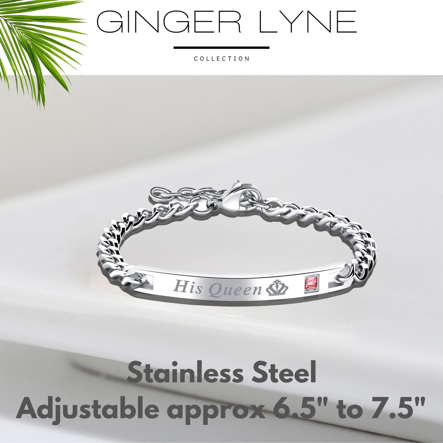 HisQueenorHerKingBraceletforWomenbyGingerLyneStainlessSteelIDStylePinkCZAdjustableto7.5"_Silver-3