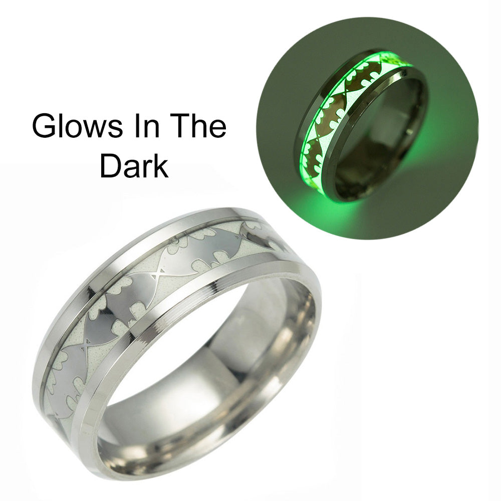 GlowintheDarkBatsSteelWeddingBandRingMenWomenGingerLyneCollection_Silver/Inlay-4