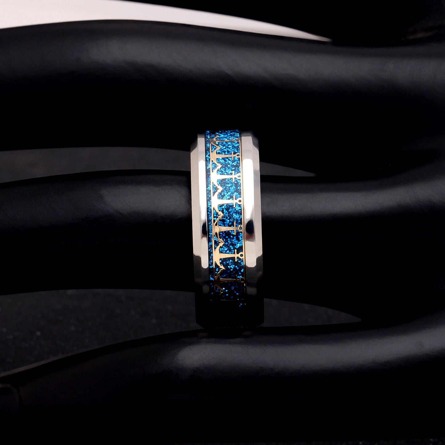 AnchorsWeddingBandRingWomenMenStainlessSteelBlueGingerLyneCollection_Silver-3
