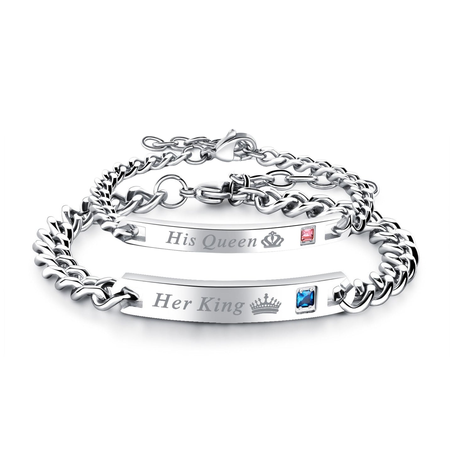 His Queen or Her King Bracelet for Women by Ginger Lyne Stainless Steel ID Style Pink CZ Adjustable to 7.5"