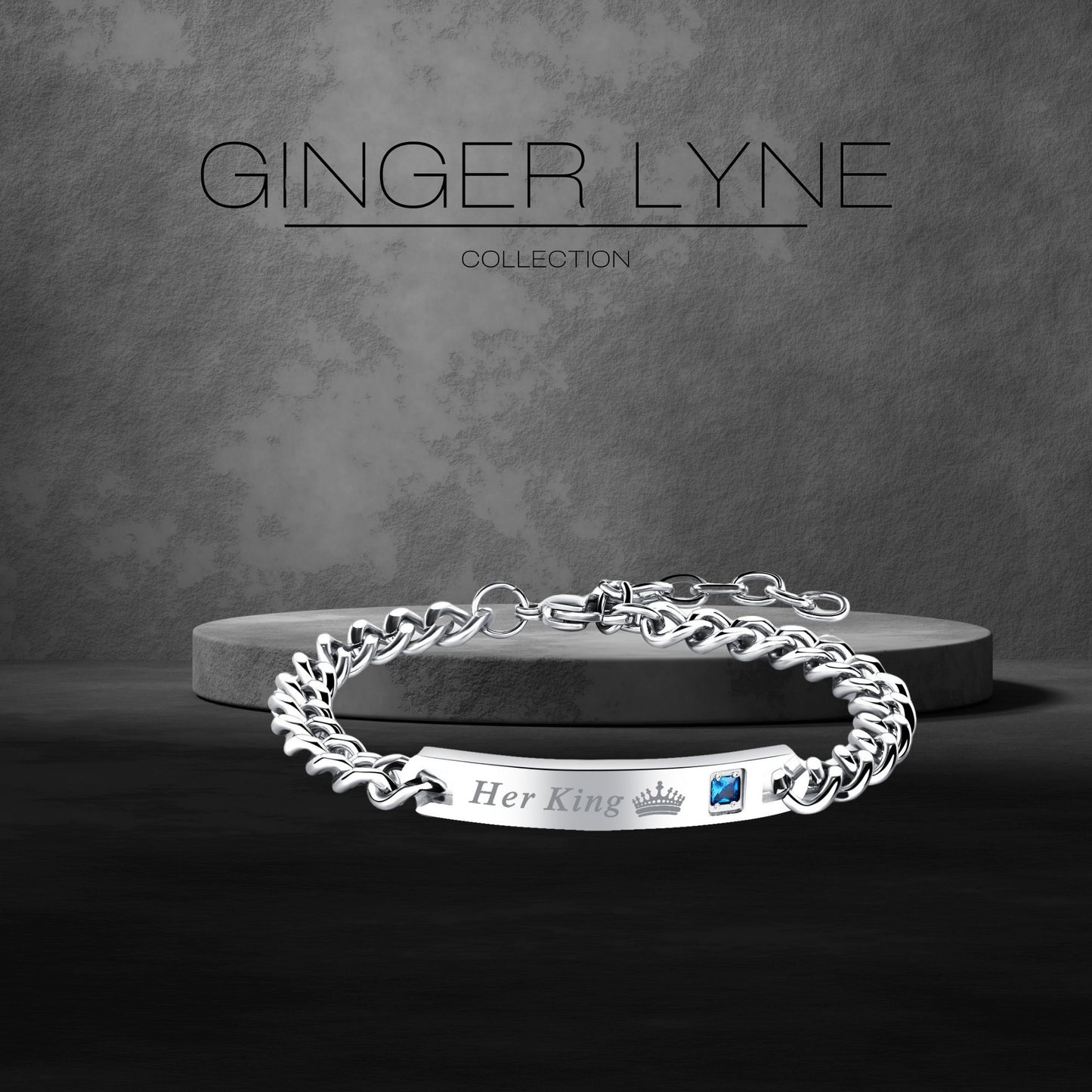 HisQueenorHerKingBraceletforWomenbyGingerLyneStainlessSteelIDStylePinkCZAdjustableto7.5"_Silver-7