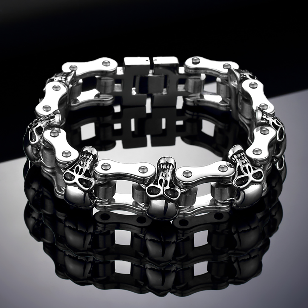 SkullBraceletforMenWomenStainlessSteelMetalBikerPunkGothicGingerLyneCollection_Silver-3
