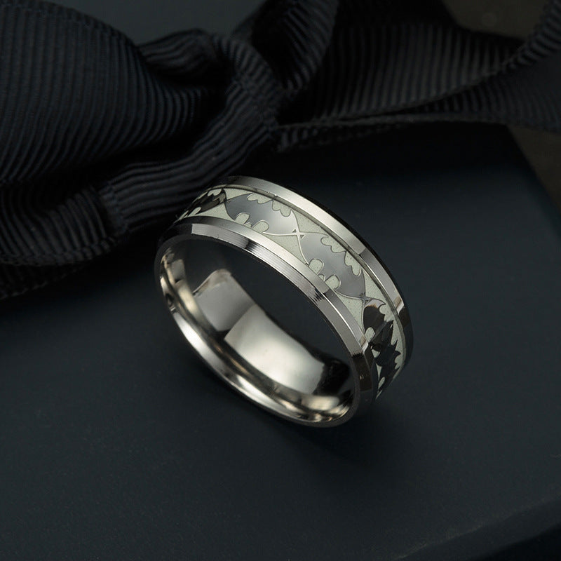 GlowintheDarkBatsSteelWeddingBandRingMenWomenGingerLyneCollection_Silver/Inlay-5