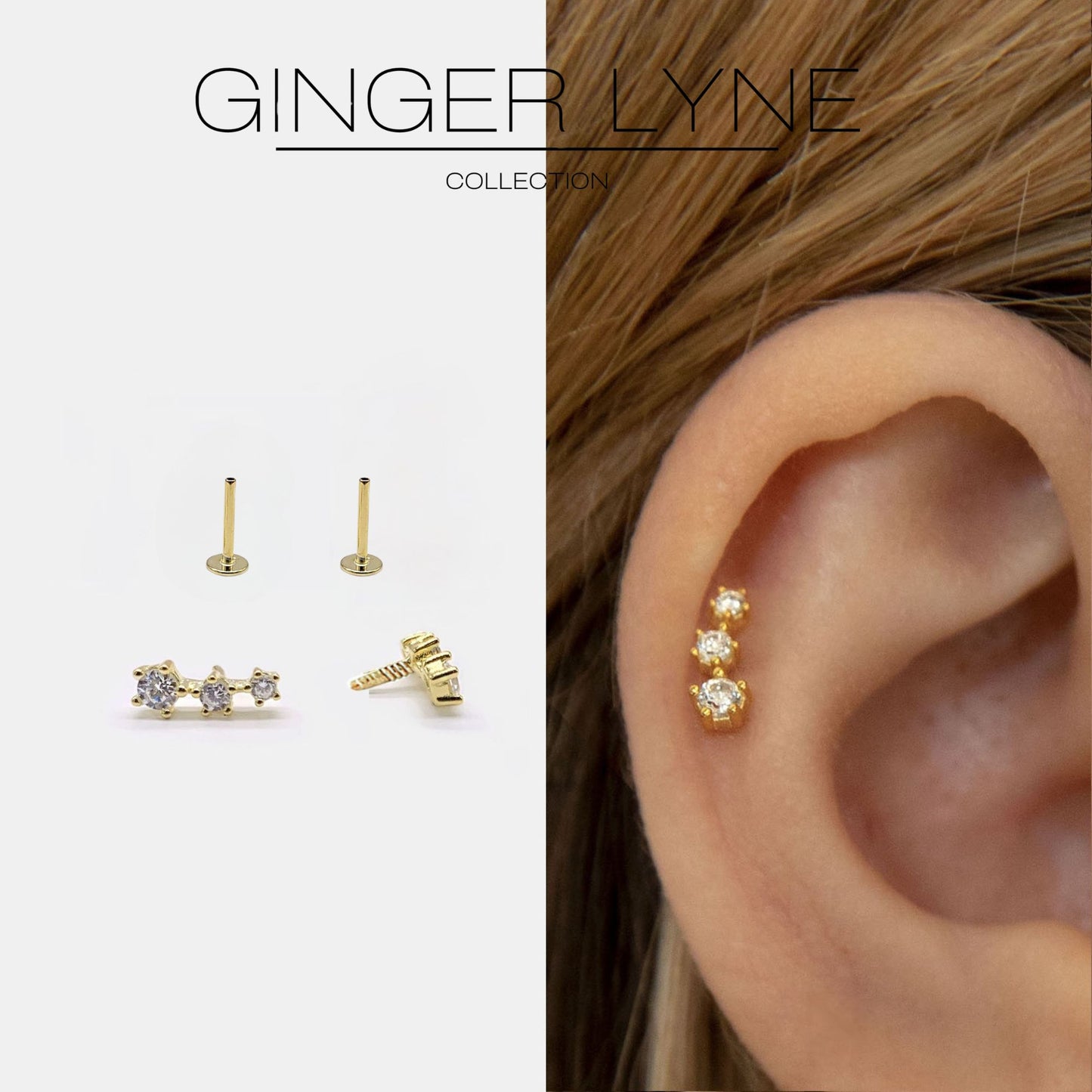 GraduatedCZFlatBackEarringsforWomenSterlingSilverCartilageHelixUpperLobeBodyPiercingStudsGingerLyne_Gold-7