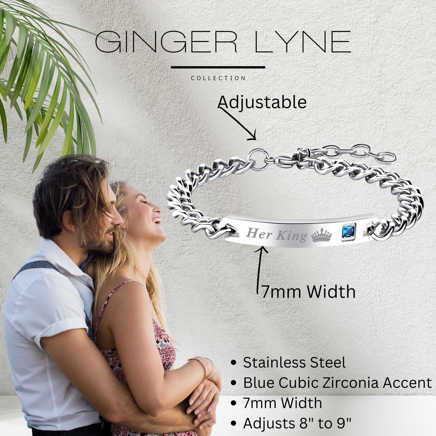HisQueenorHerKingBraceletforWomenbyGingerLyneStainlessSteelIDStylePinkCZAdjustableto7.5"_Silver-5