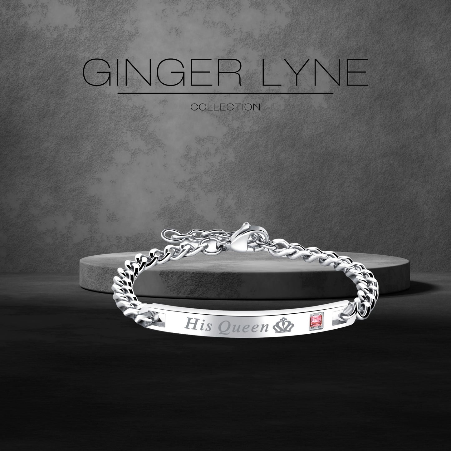HisQueenorHerKingBraceletforWomenbyGingerLyneStainlessSteelIDStylePinkCZAdjustableto7.5"_Silver-4