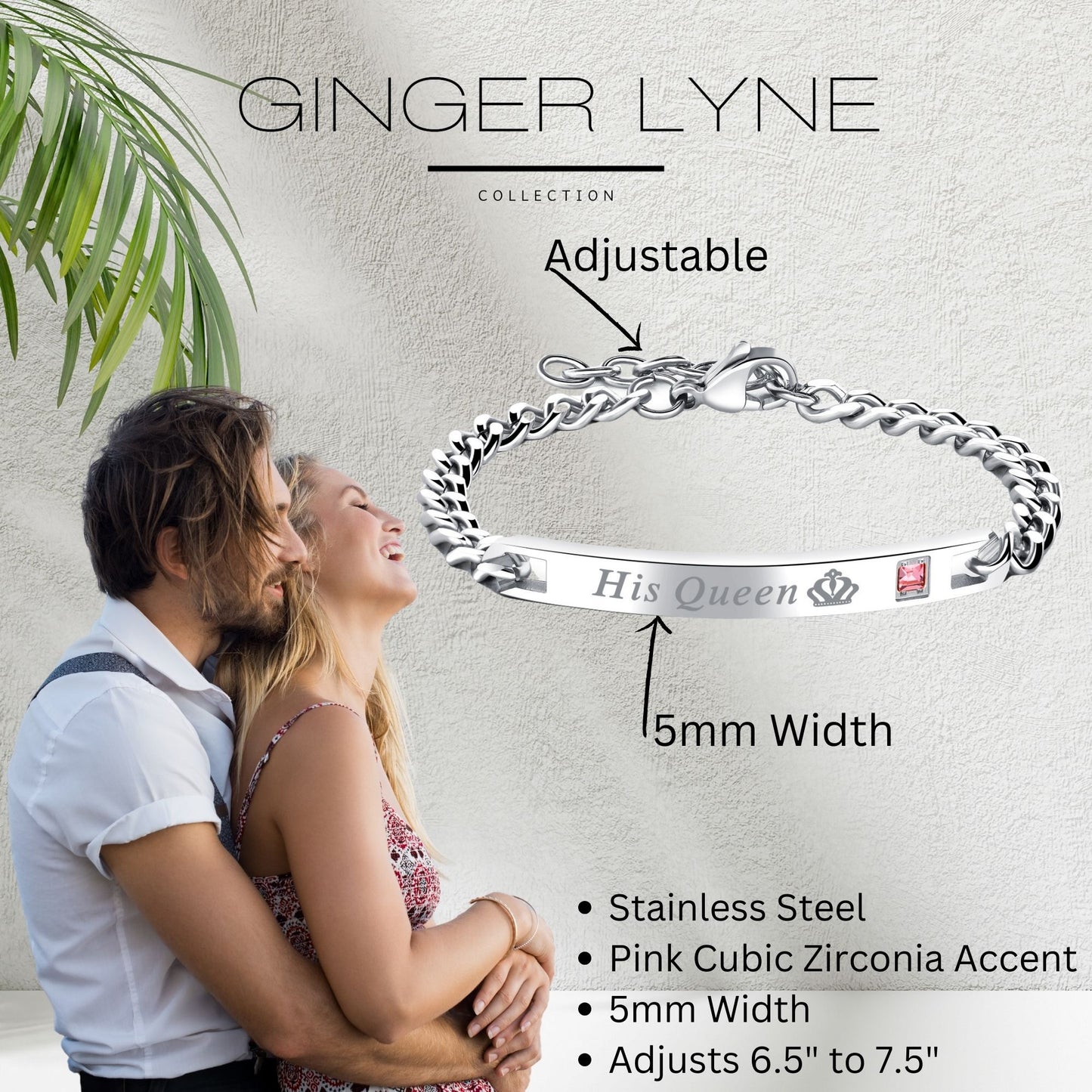 HisQueenorHerKingBraceletforWomenbyGingerLyneStainlessSteelIDStylePinkCZAdjustableto7.5"_Silver-6