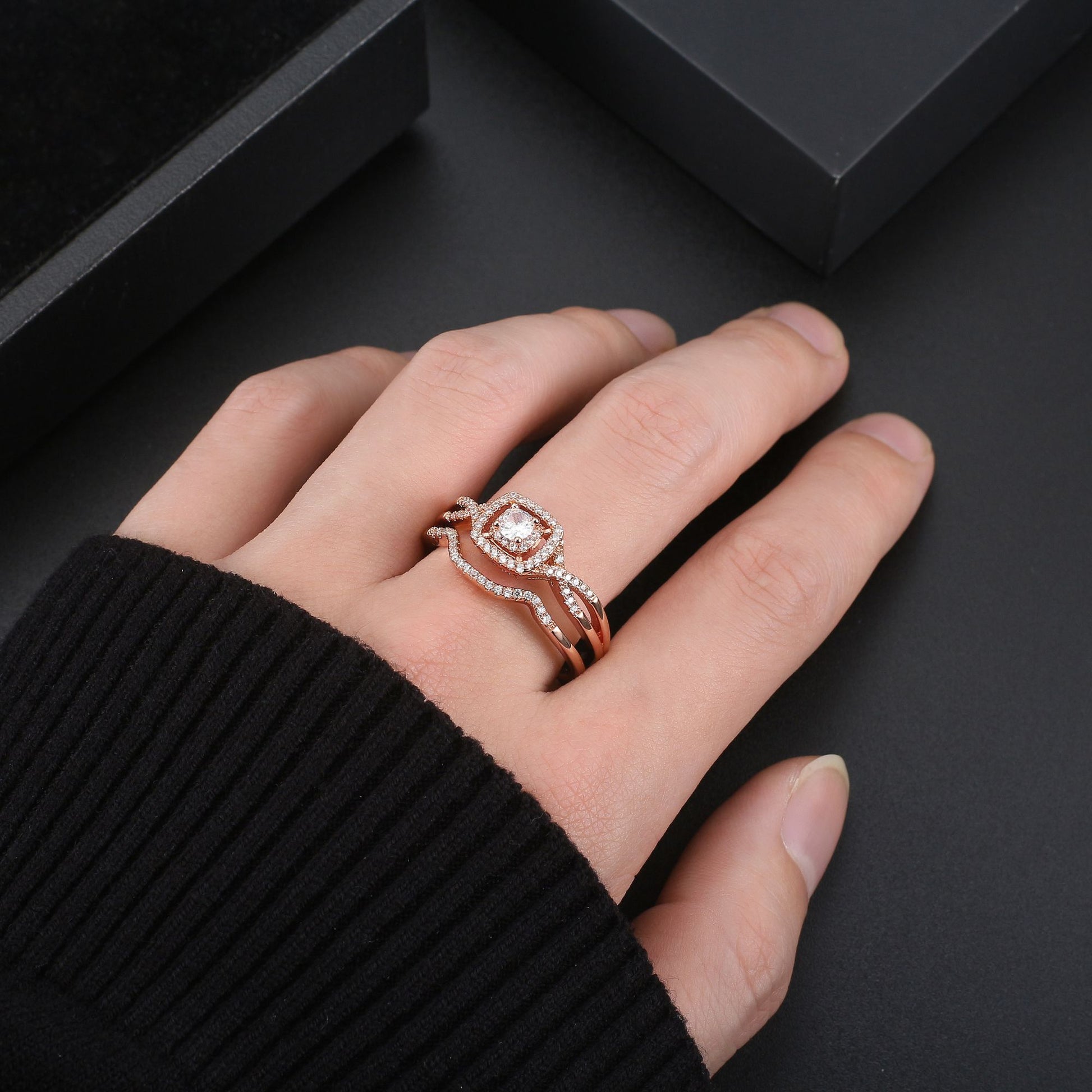CZWeddingRingSetforWomenHaloEngagementRingWeddingBandGingerLyneCollection_RoseGoldPlated-5