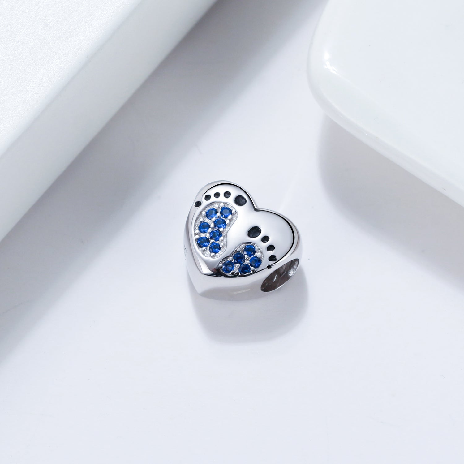 BabyFootprintsHeartCharmforWomenEuropeanBeadCZSterlingSilverGingerLyneCollection_Blue-2