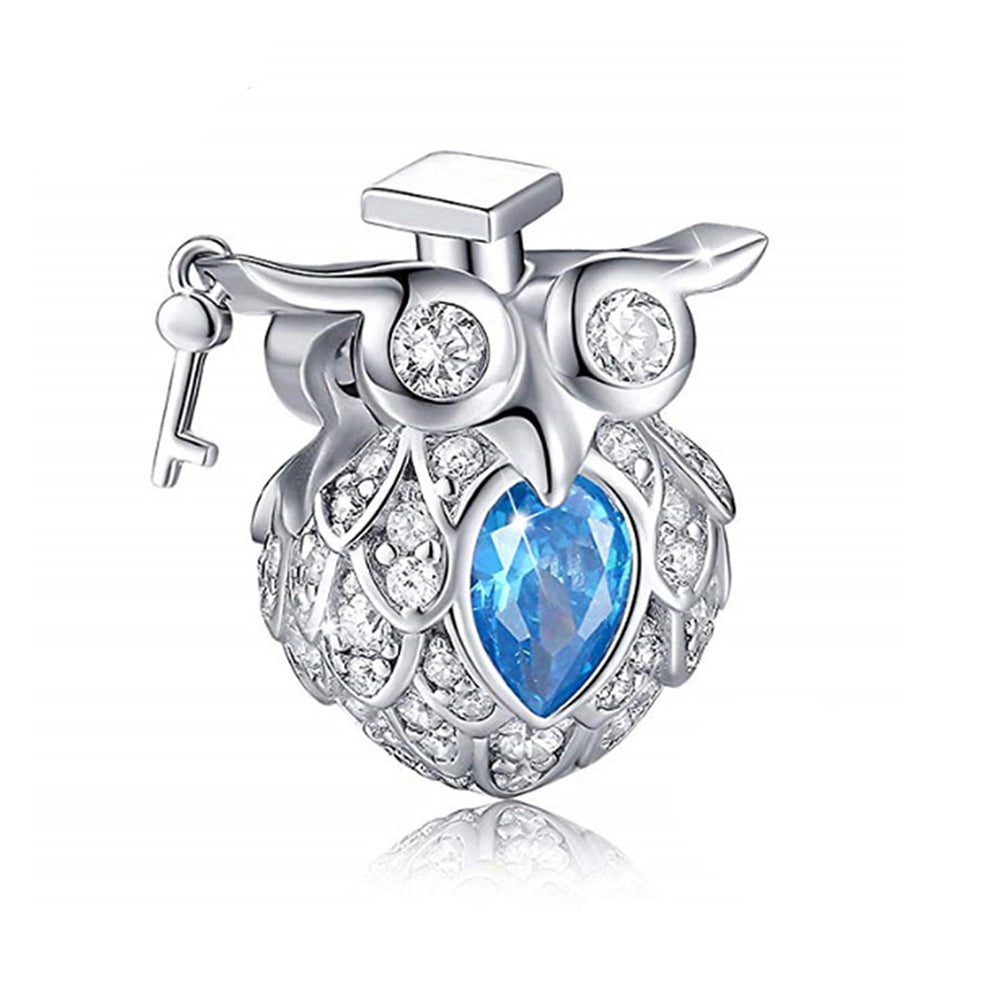 OwlCharmEuropeanBeadBlueCZSterlingSilverGreenEnamelGingerLyneCollection_Owl-107-1