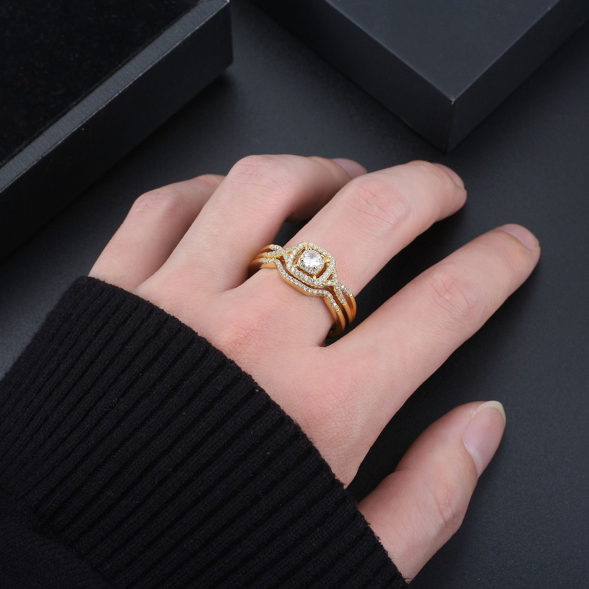 CZWeddingRingSetforWomenHaloEngagementRingWeddingBandGingerLyneCollection_GoldPlated-5